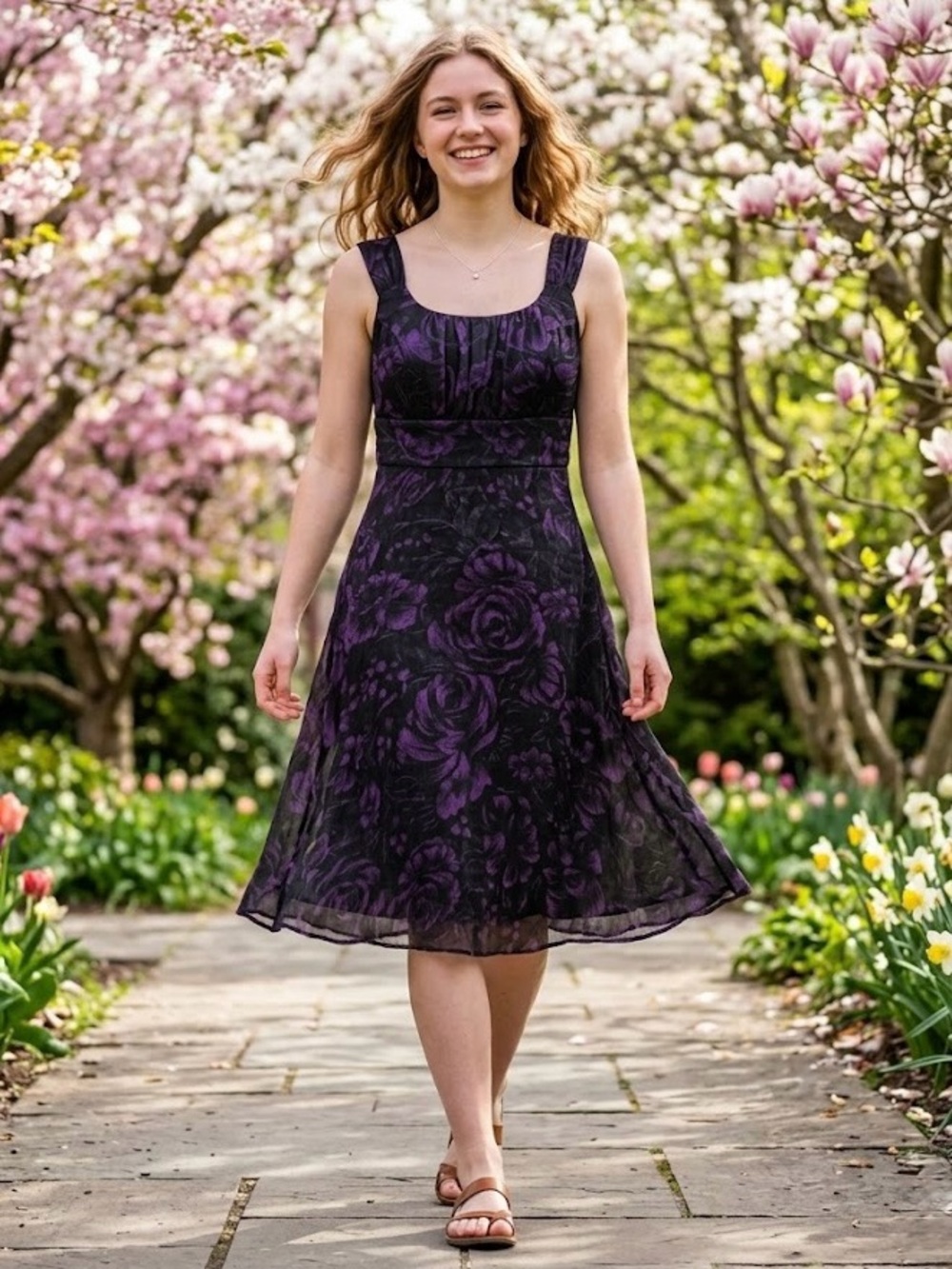 JESSICA Dark Purple Floral Ruched Bust Sleeveless Dress Whimsical Dark Romantic